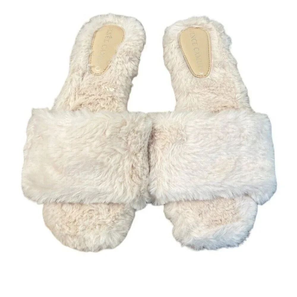 Vince Camuto Ladies Size 7 Ivory Soft Fluffy Fur Slippers Tread Open Toe Brazil